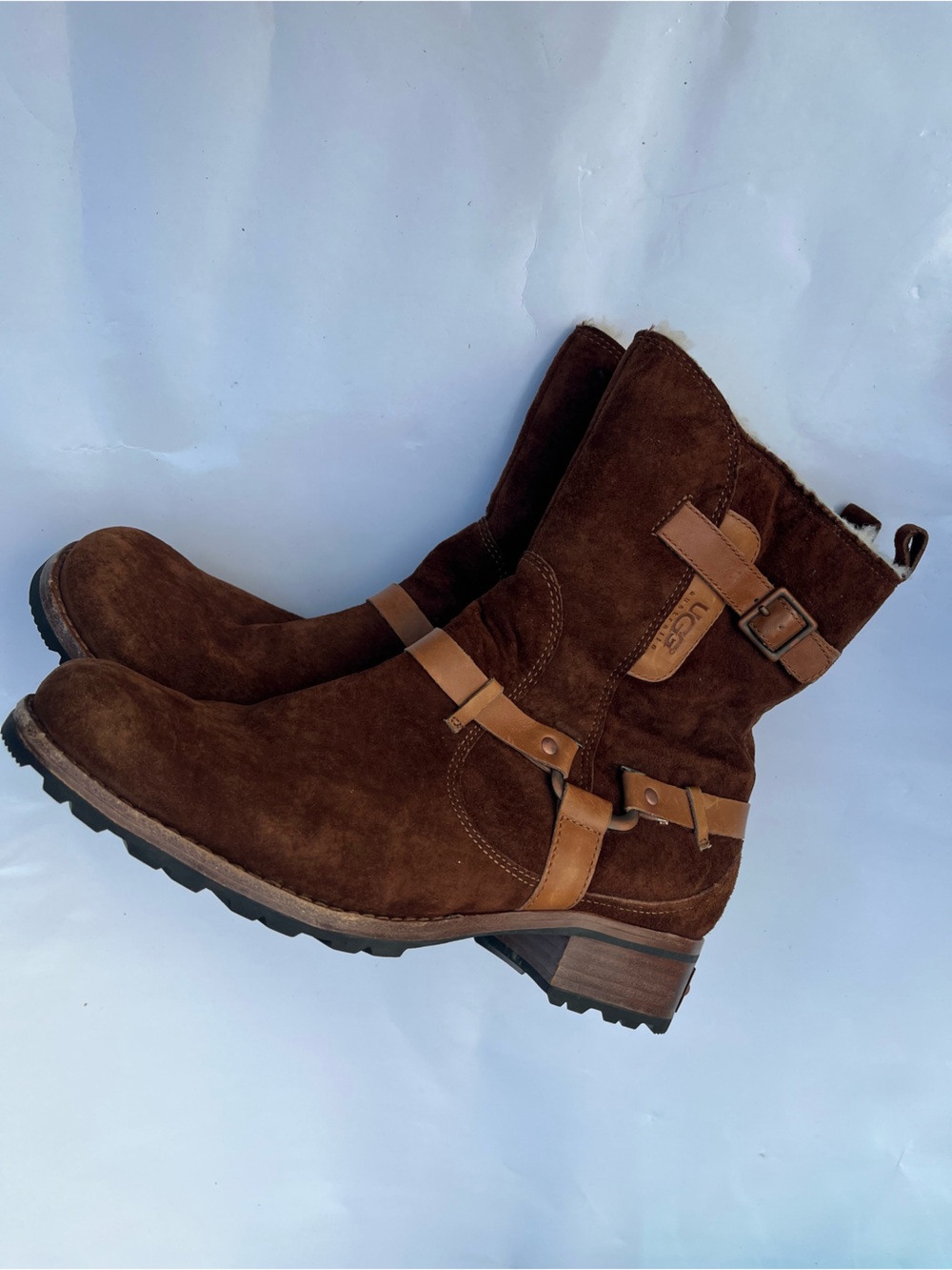 UGG Brown Suede Ankle Boots with Tan Leather Straps